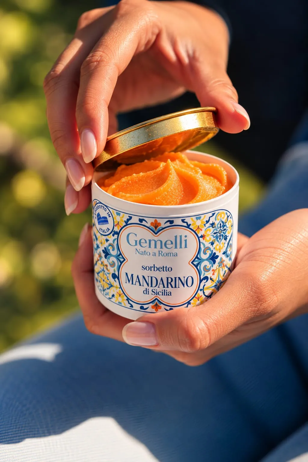 Un pot de sorbetto Mandarino Gemelli ouvert