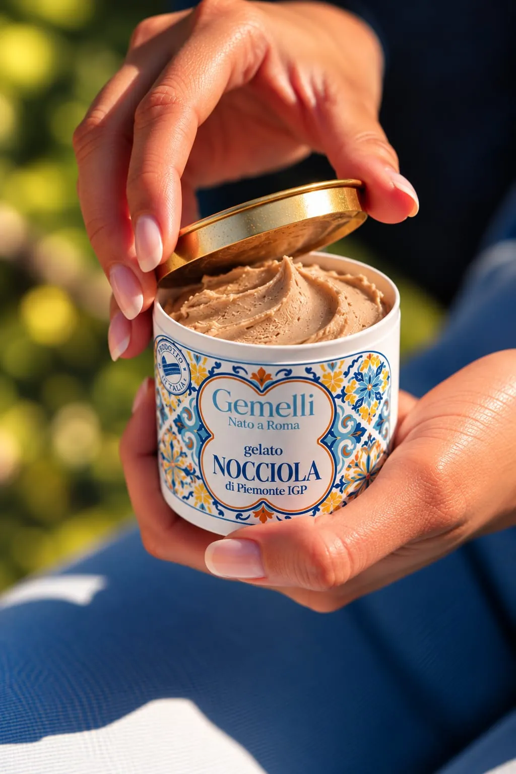 Un pot de gelato Nocciola Gemelli ouvert