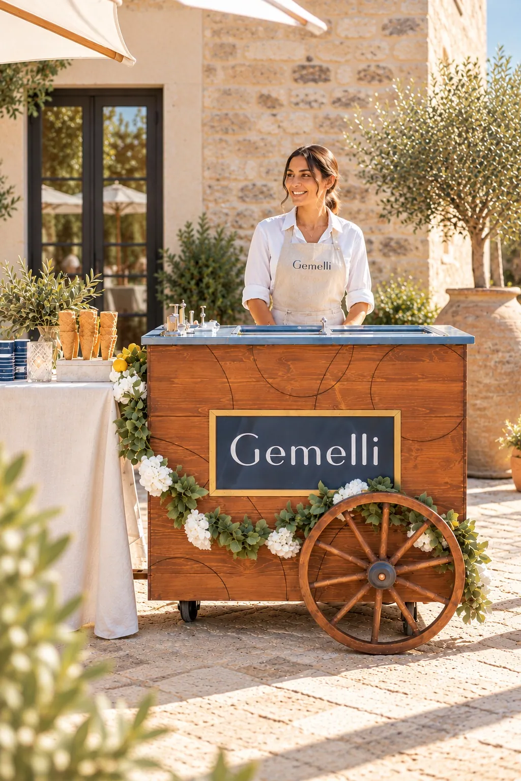 Le chariot à glaces Gemelli en bois, orné de fleurs blanches, devant une bastide fleurie