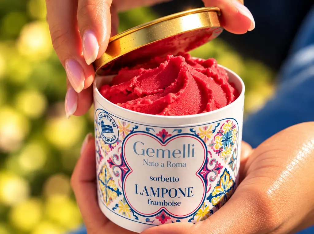 Un pot de sorbetto Lampone que l'on ouvre : la framboise, rouge vif, au soleil