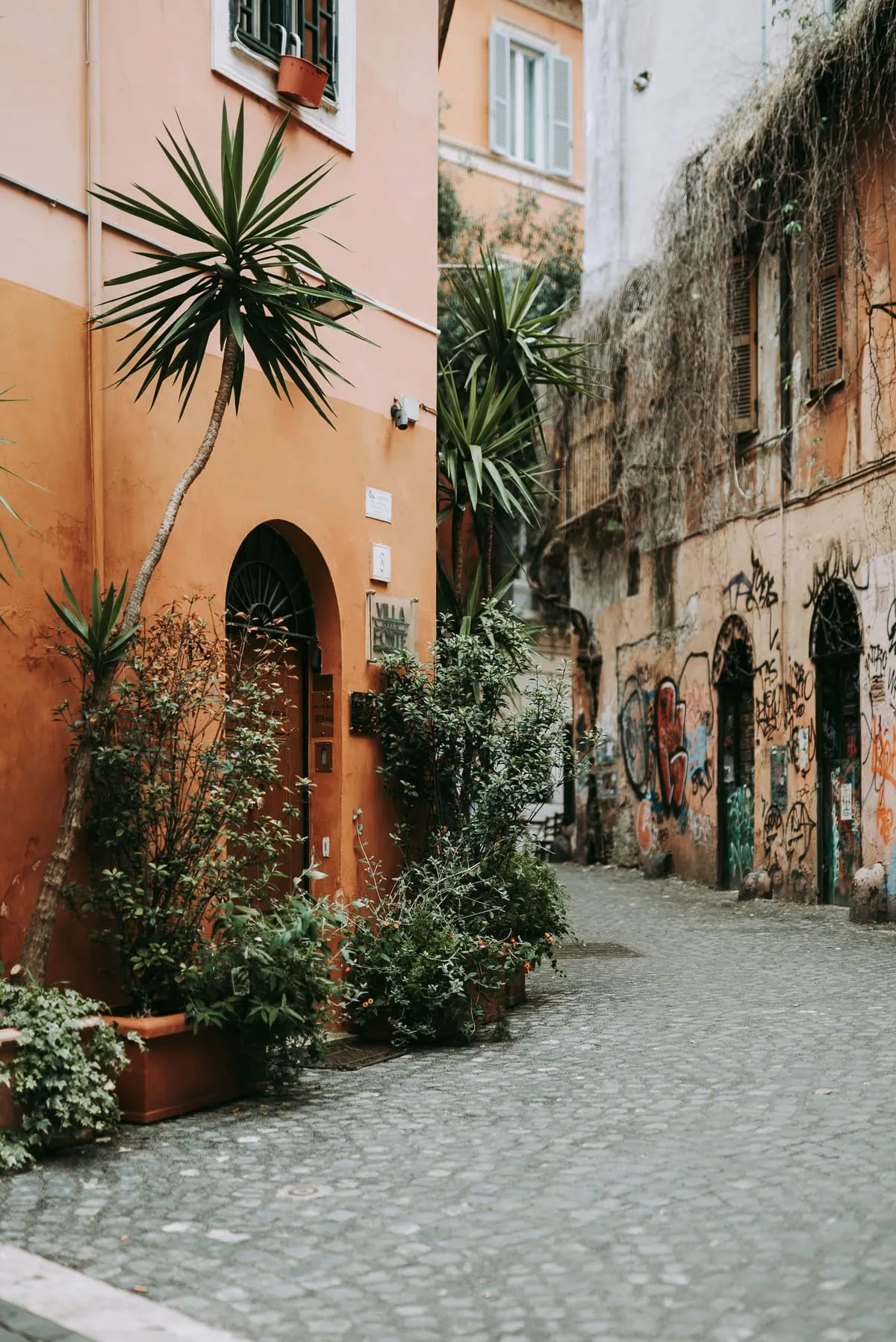 Une ruelle ocre de Rome, bordée de plantes